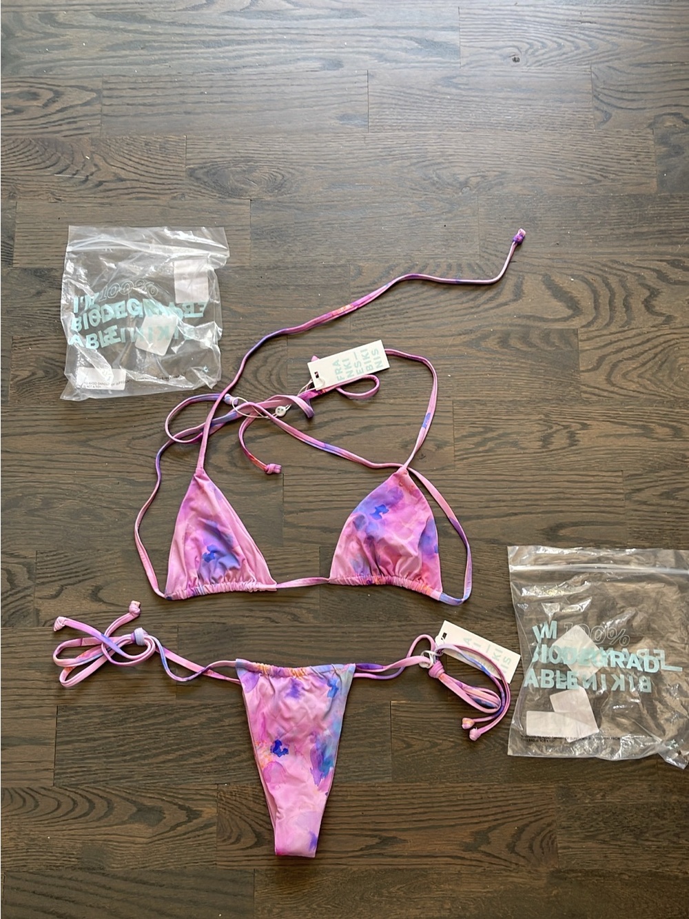 Frankie's Bikinis Pink Purple Tie-Dye Triangle String Bikini Rare